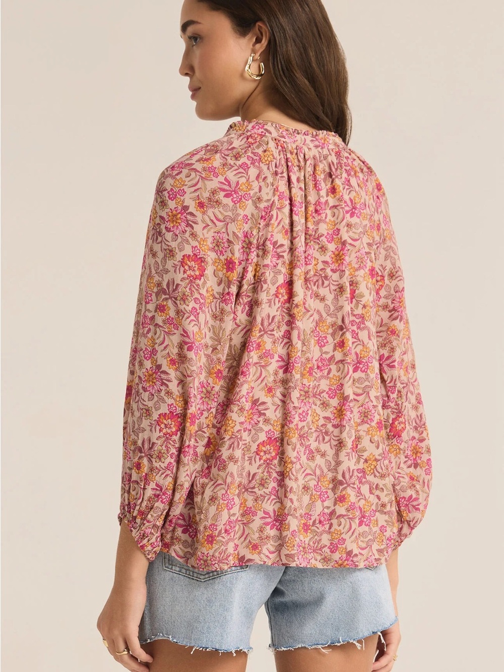 Evereve Z Supply Boho Chic Floral V-Neck Peasant Blouse - Pink Floral Sz Small - Picture 2 of 10